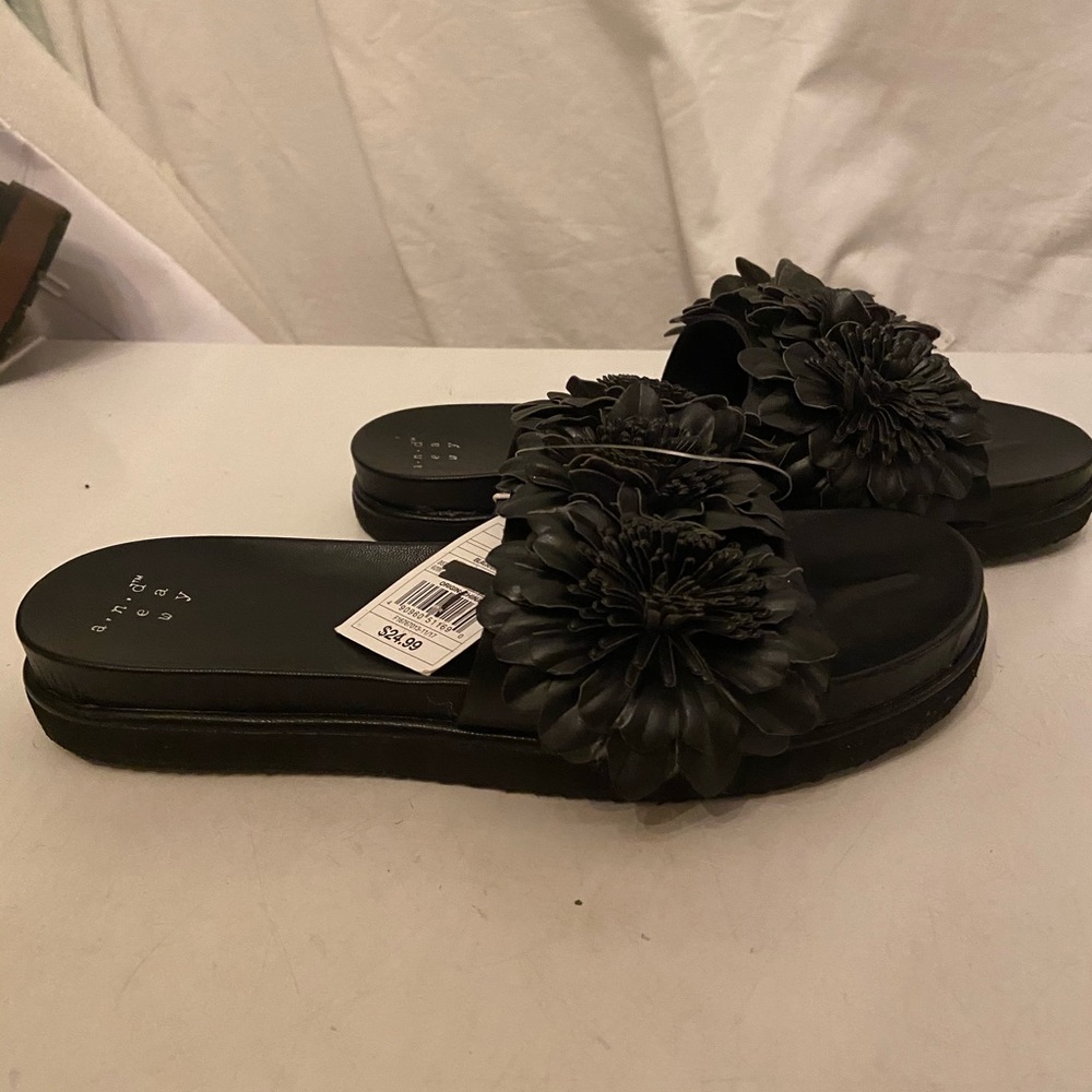andeawy black floral slide sandals NEW